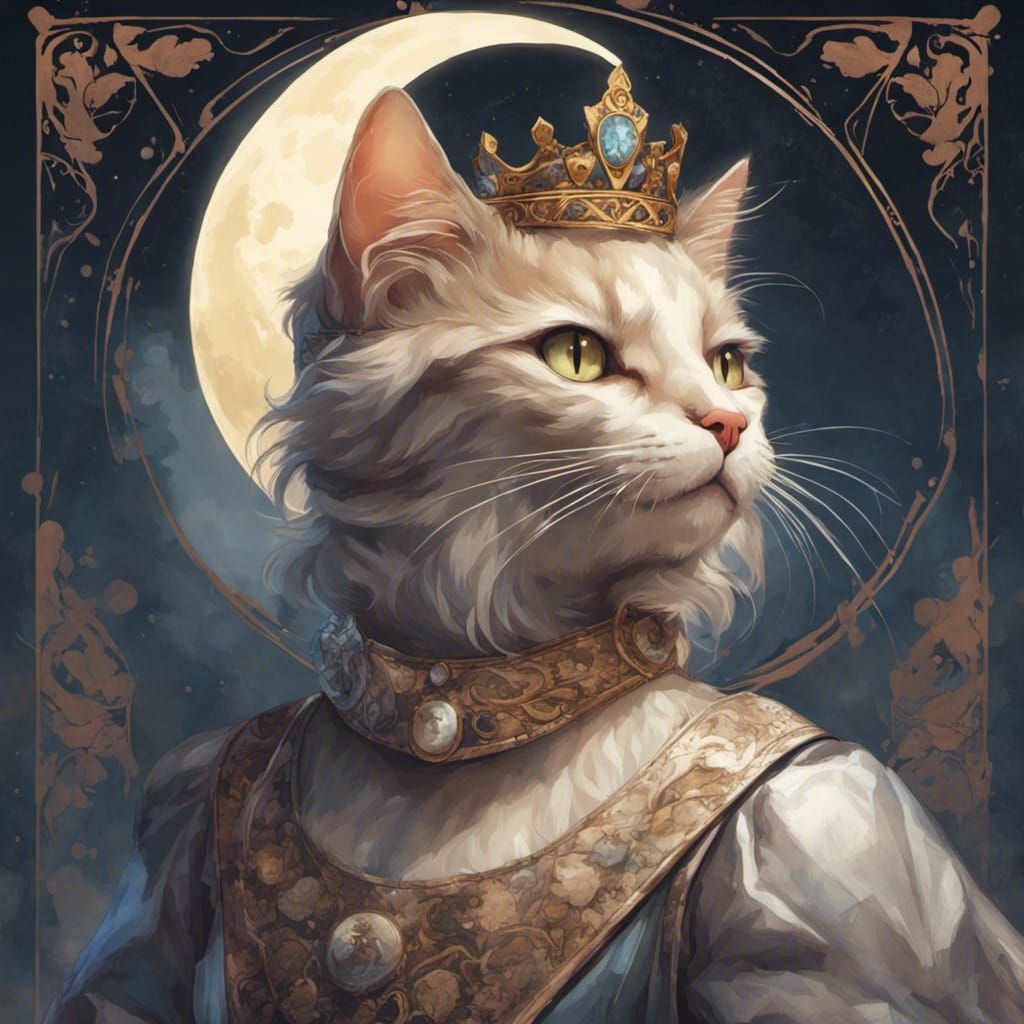 Regal Feline Portrait under Crescent Moon