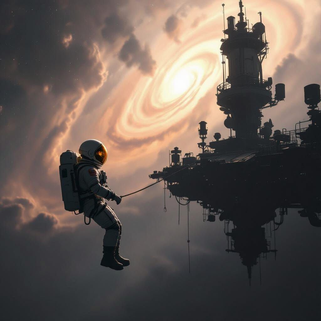 Astronaut Adrift Near Baroque Orbital Station in Nebula