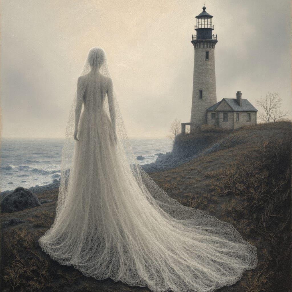 tempura painting of ghost lady in lace