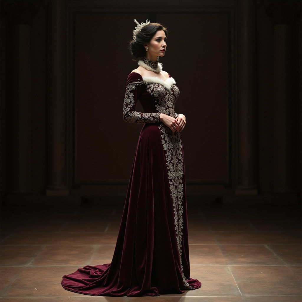 Elegant Woman in Velvet Gown Poses on Dimly Lit Stage