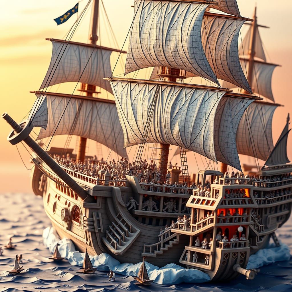 Intricately Detailed Origami Galleon Papercraft Artwork