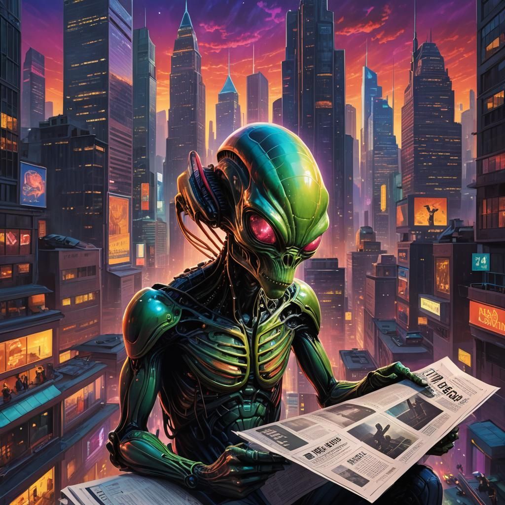 Futuristic Alien in Neon Cityscape as Vibrant Digital Painti...