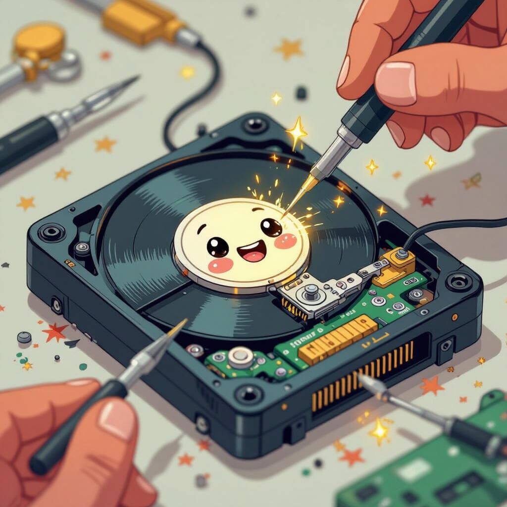 Charming Cartoon Hard Drive Repair Illustration