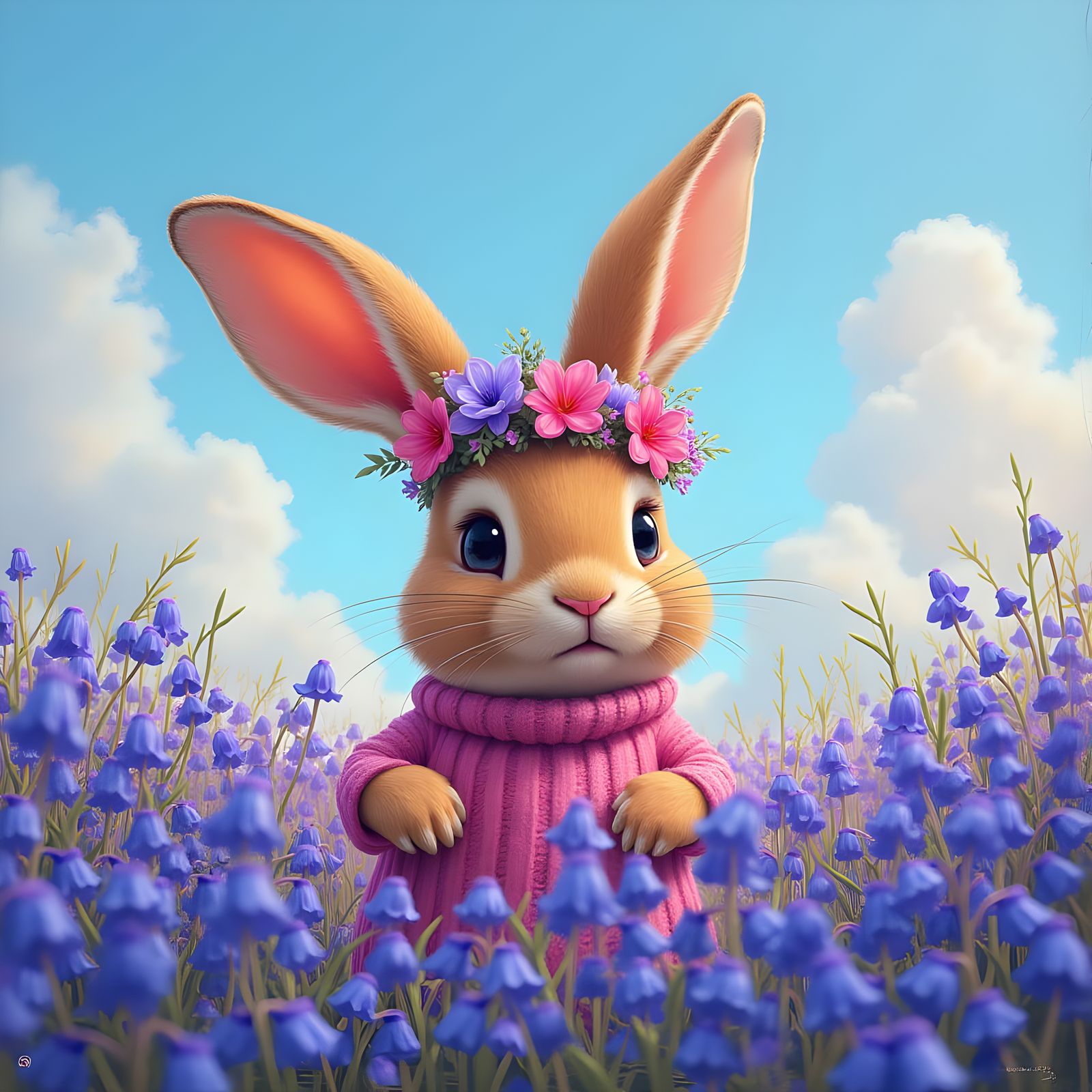 Happy Bunny in Neon Bluebell Field: Graffiti Art