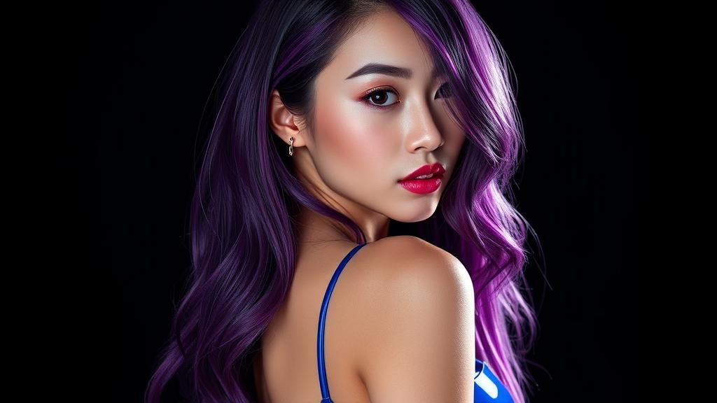 Purple-Haired Asian Beauty in Vibrant Blue Rubber Dress