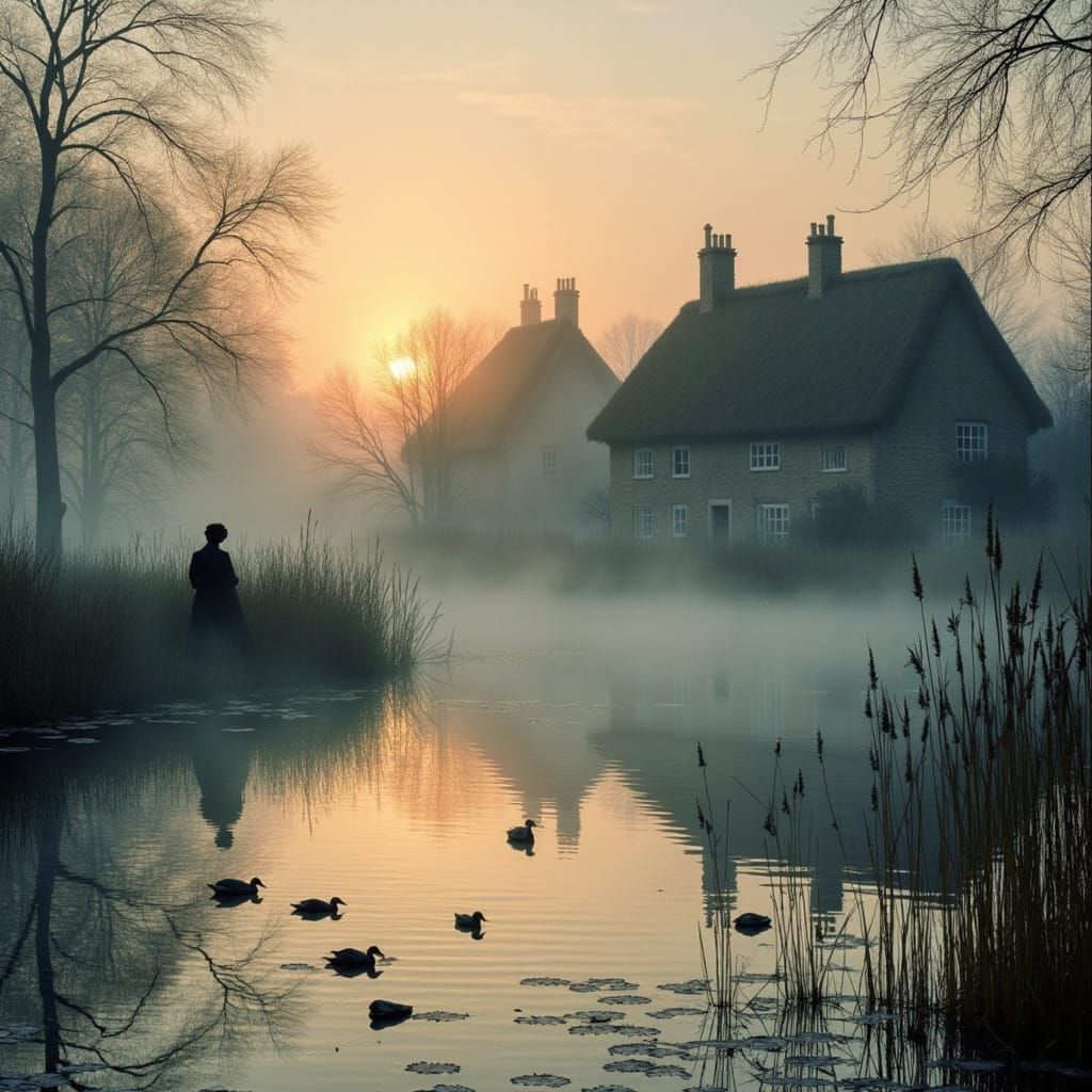 Elizabethan Village Pond at Sunrise: Hyperrealistic Painting