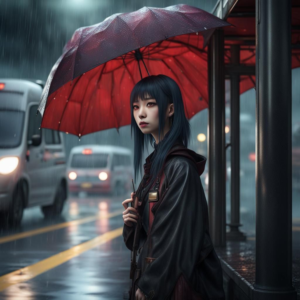 Japanese Goth Girl Admires Rainy Cityscape in Photo Realist....