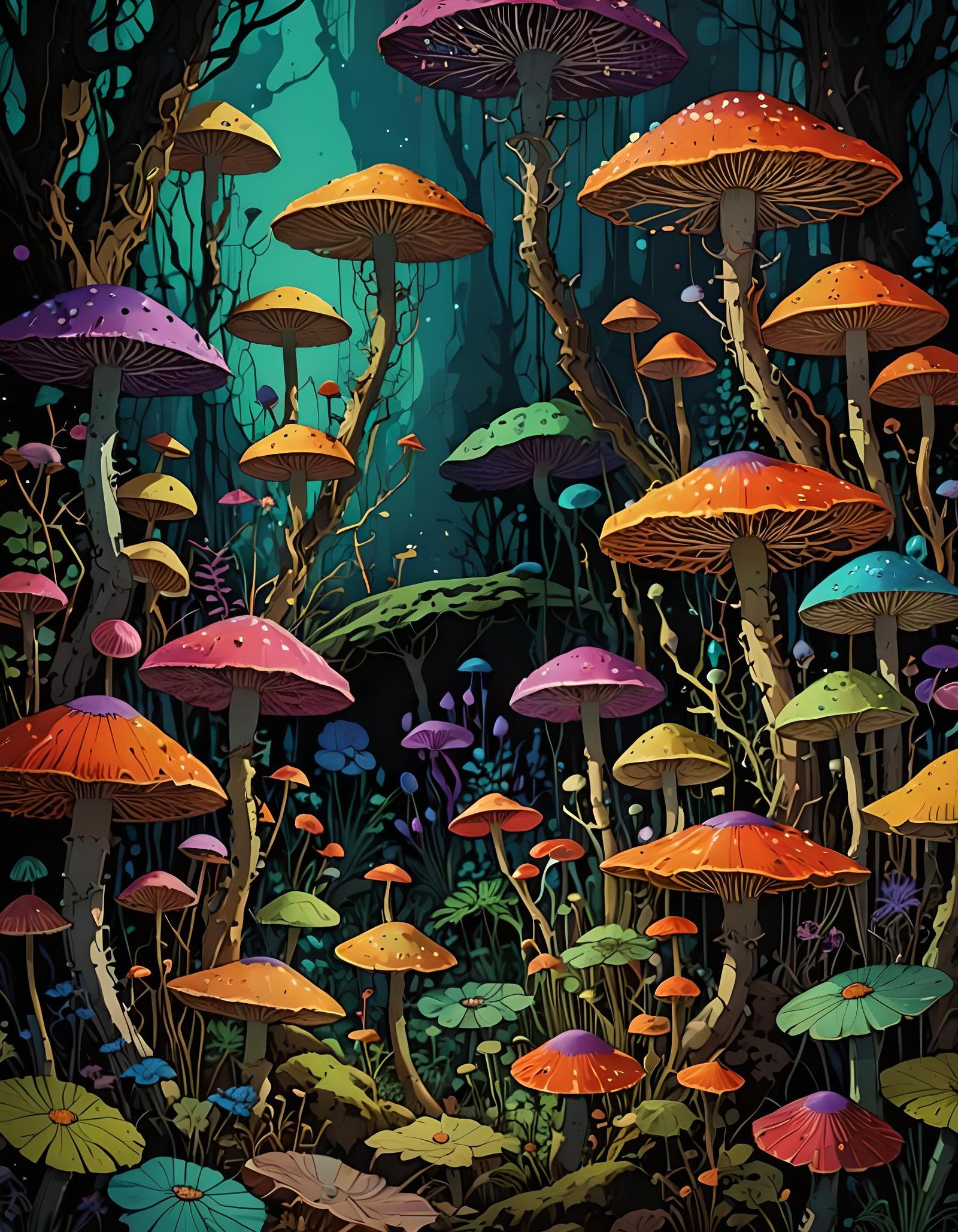 Fantastical Fungi Scene in Retro Style