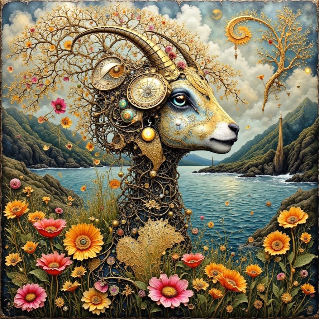 Surreal Robot and Owl-Goat in Abstract Landscape