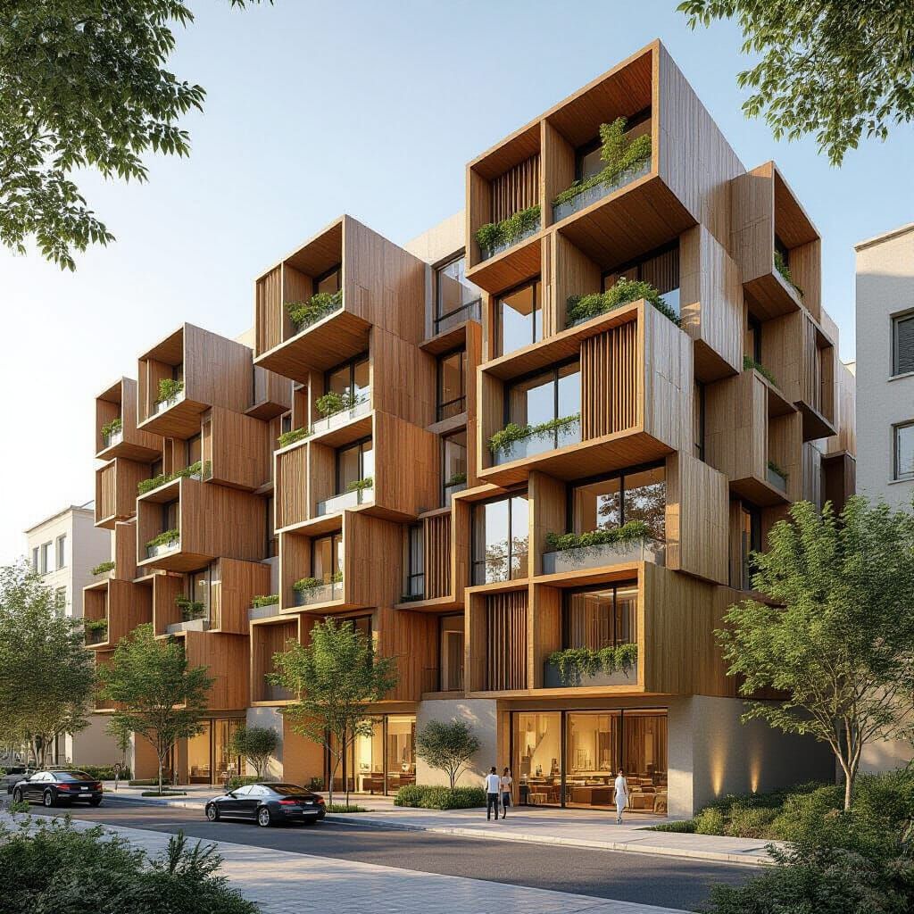 Futuristic Athenian Block with Organic Wooden Panels