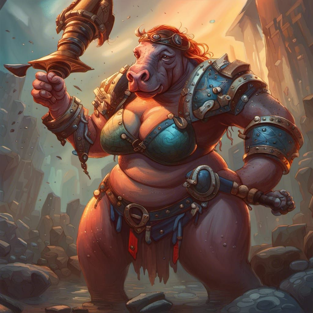 Hyperrealistic Hippo-Warrior Unleashes Fury with Splendid Ma...