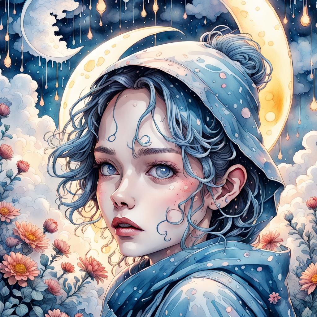 Surreal Watercolor Fantasy Scene Under a Crescent Moon