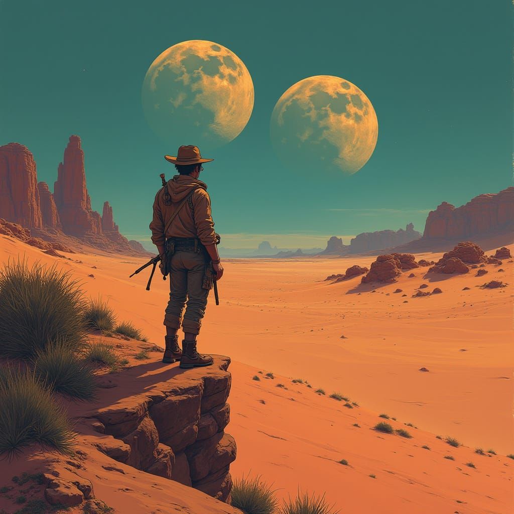 Alien Desert Traveler Under Twin Moons: Frazetta-Moebius Sty...
