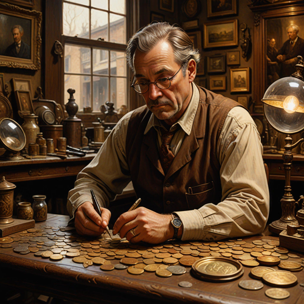 Middle-Aged Coin Dealer in Antique Shop Oil Painting