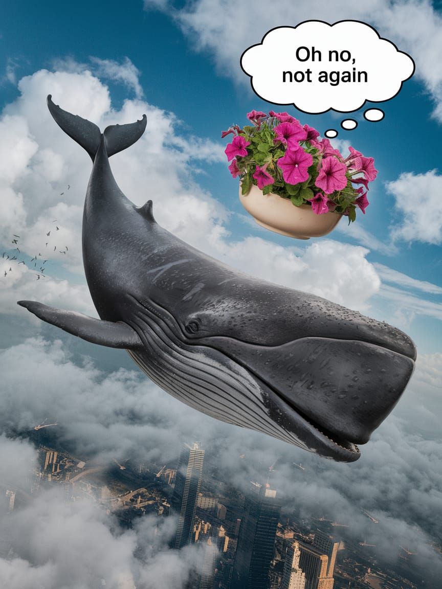 Sperm Whale Falls Through Sky, Bubbles and Cityscape