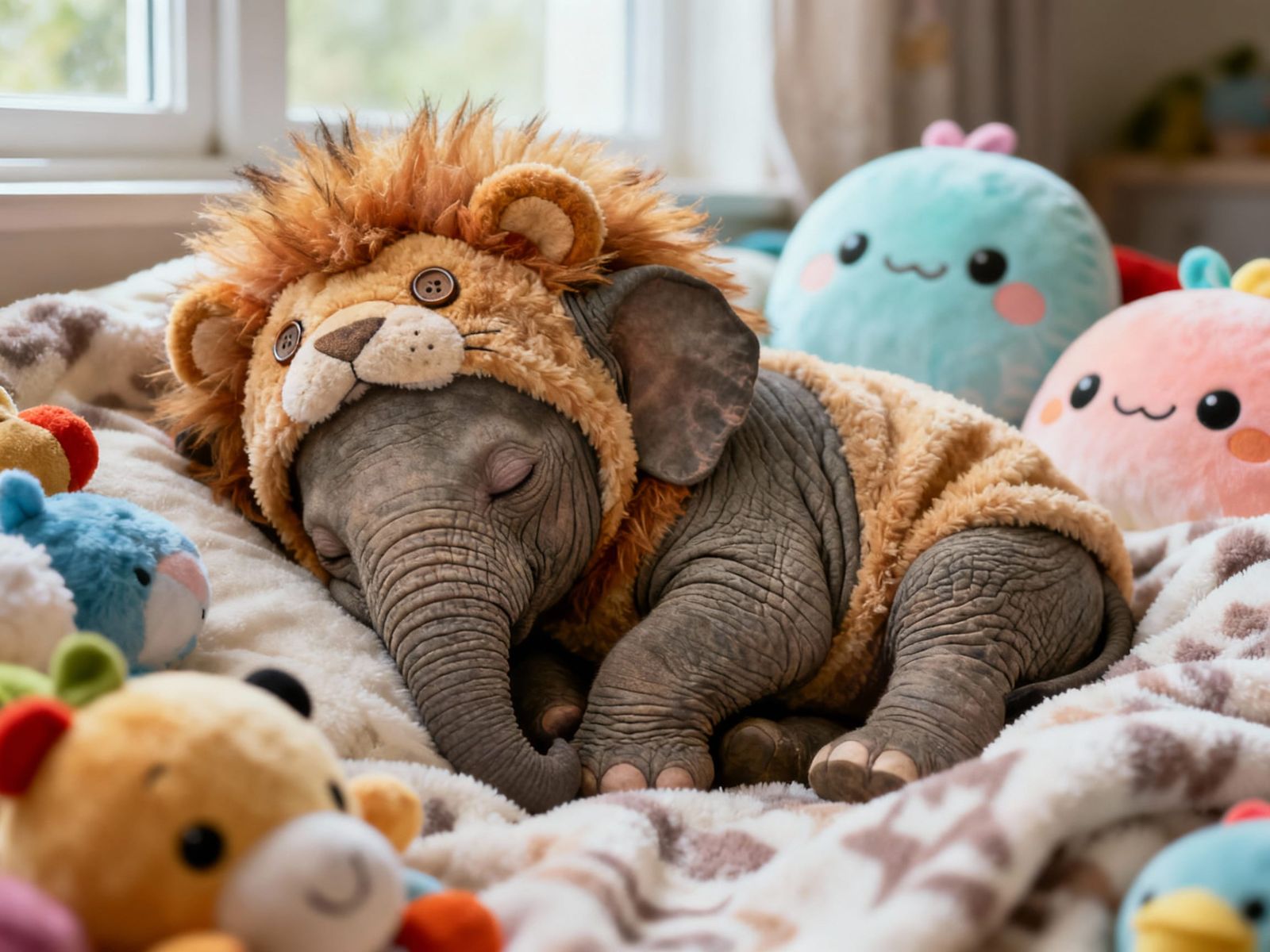 Baby Elephant in Lion Costume Asleep with Plush Toys