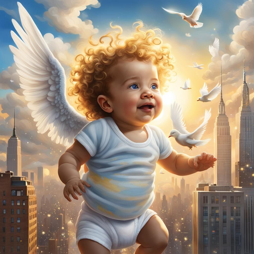 Hyperrealistic Concept Art of Baby Soaring Through NYC Skies