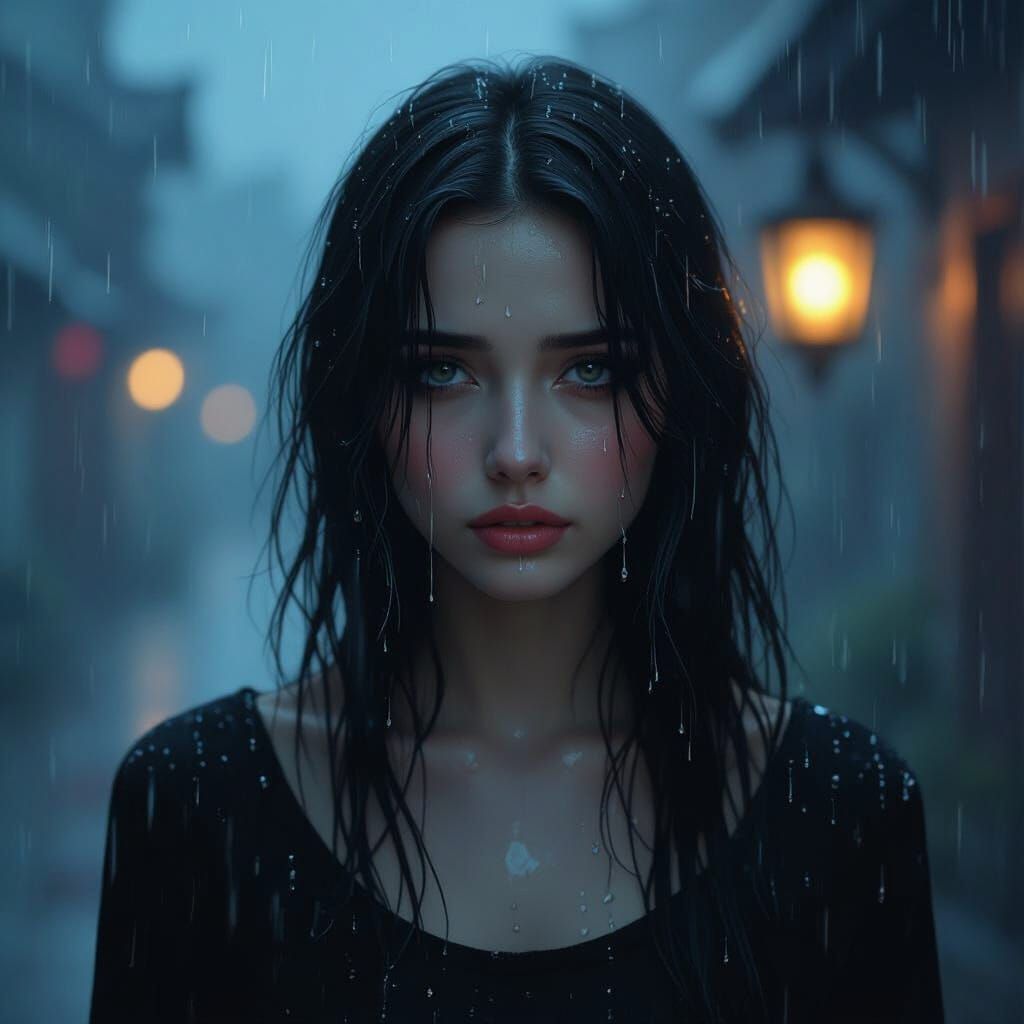 Dreamy Melancholic Portrait of Woman in Rain