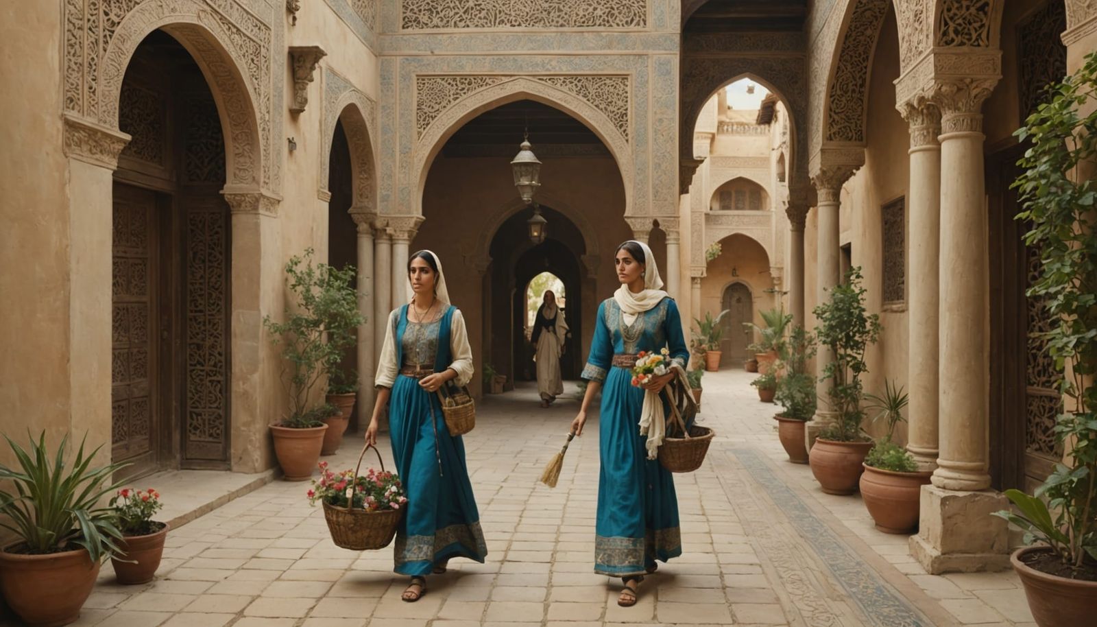 Orientalist Courtyard Scene with Traditional Woman and Child...