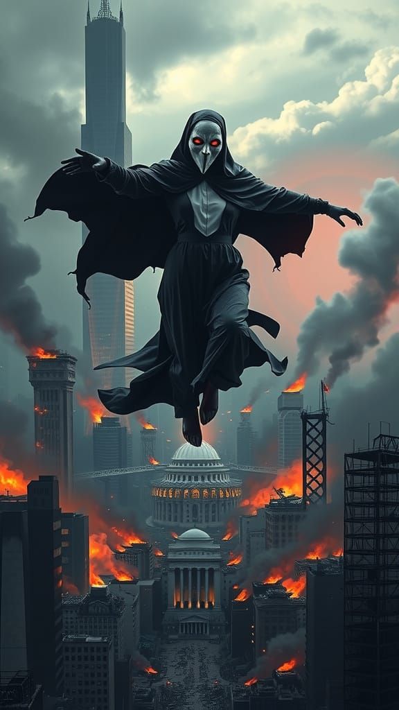 Dark Gothic Horror Nun in Flaming Ruins