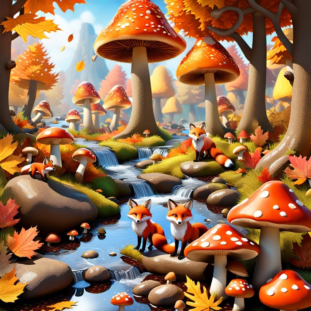Autumn Foxes in Glittery Landscape: 3D Render