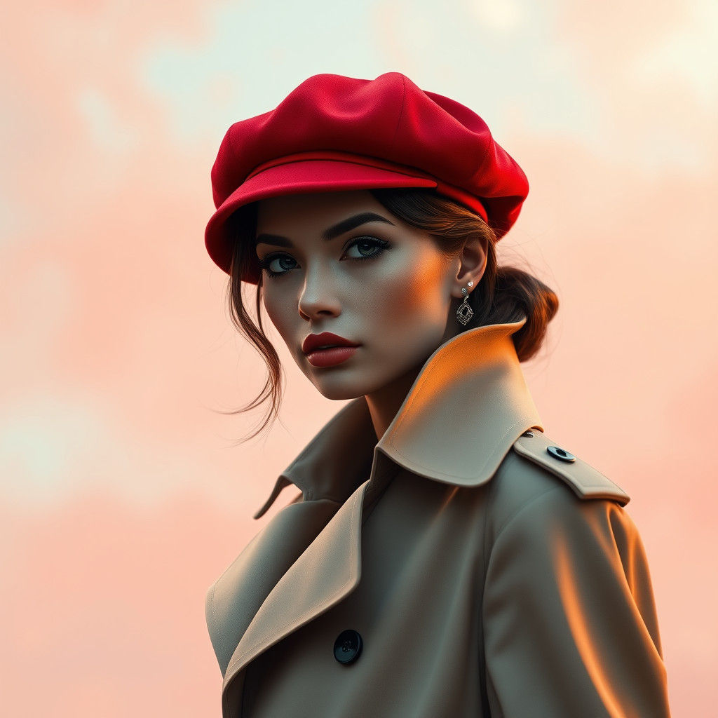 Elegant French Woman in Luxurious Trench Coat and Red Beret
