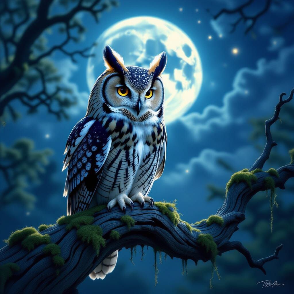 Majestic Owl on Ancient Branch by Ethereal Moonlight