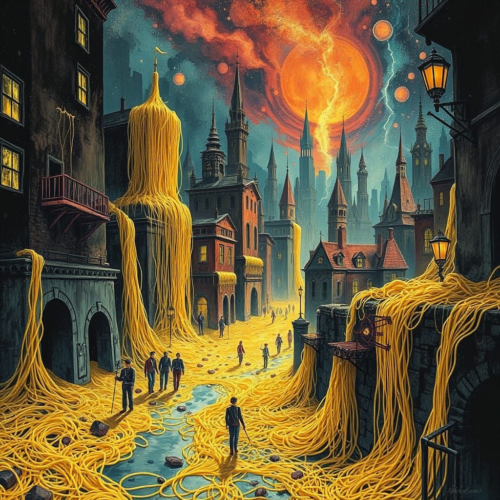Surreal Spaghetti Metropolis in Hypnotic Impressionist Style