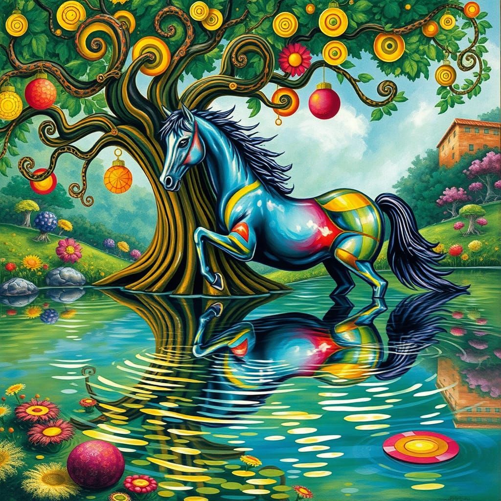 Whimsical Tree Scene in Vibrant Hundertwasser Style