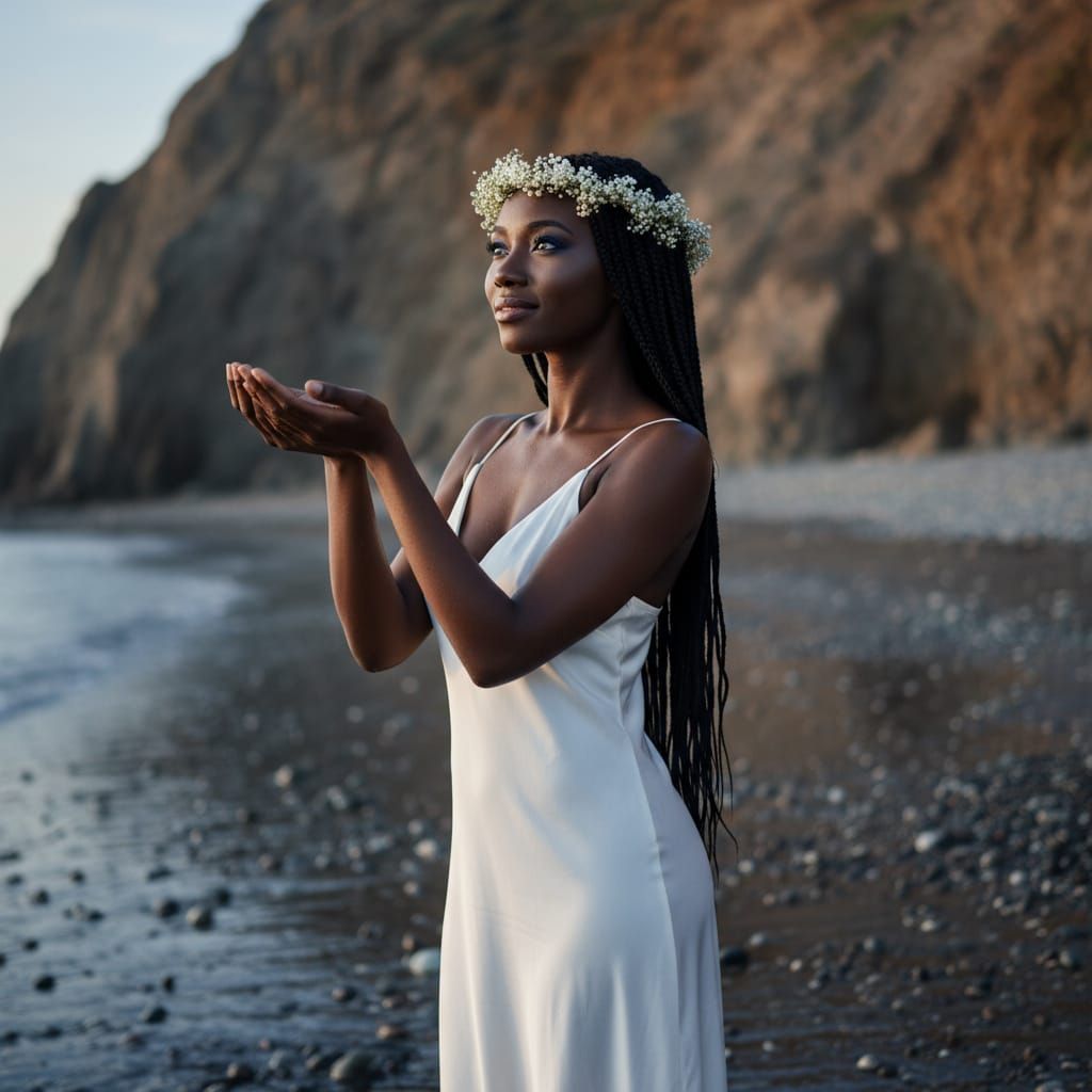 Serene Beach Scene: Woman in White Dress at Dawn
