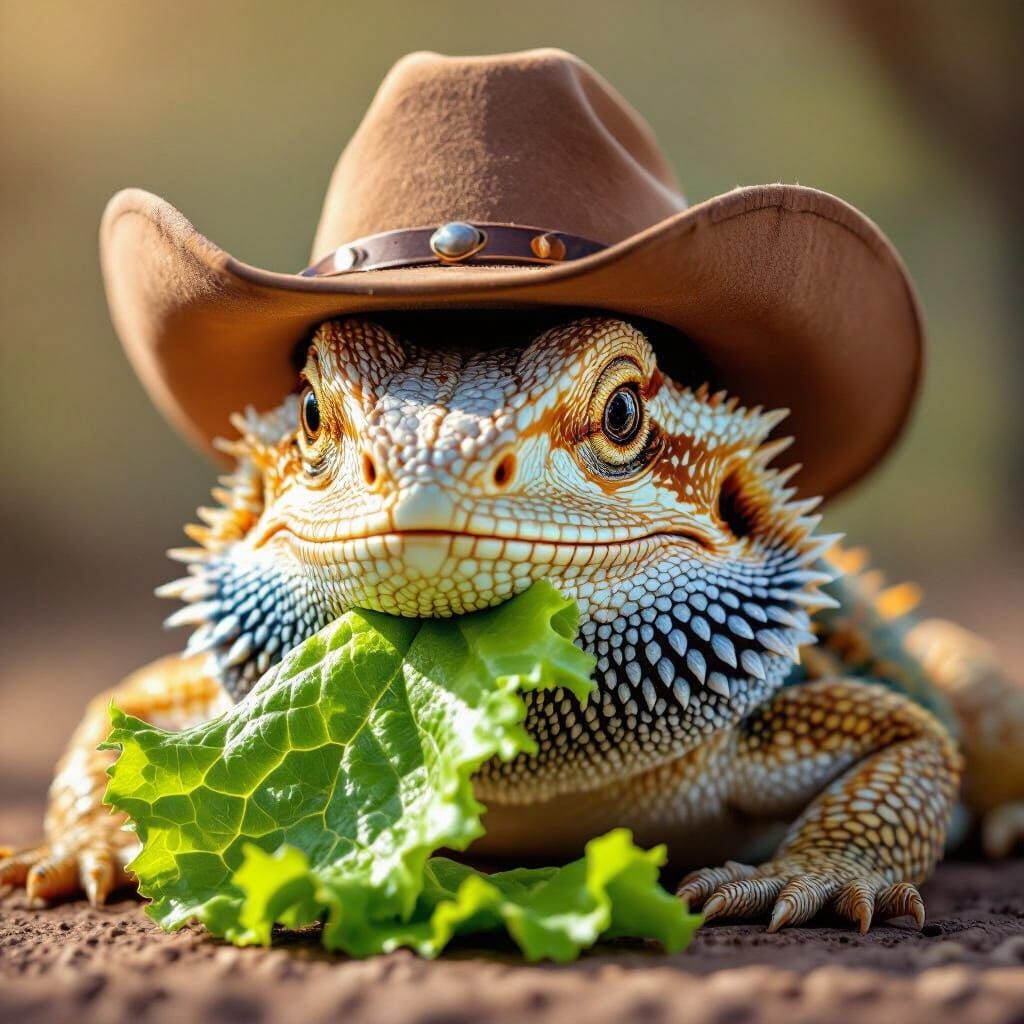 Bearded Dragon in Cowboy Hat Eats Lettuce