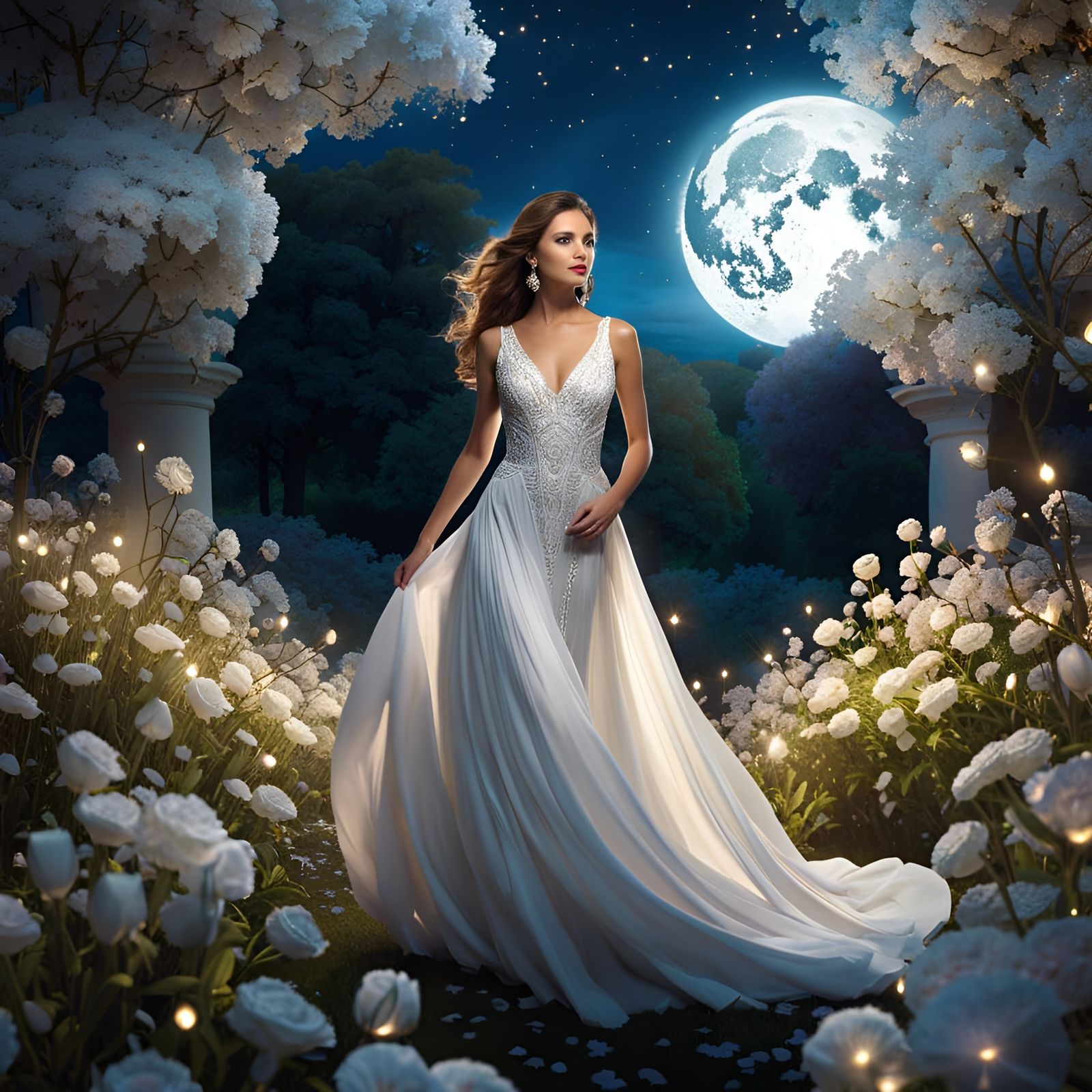 Ethereal Beauty Under Starry Skies in a Moonlit Glade