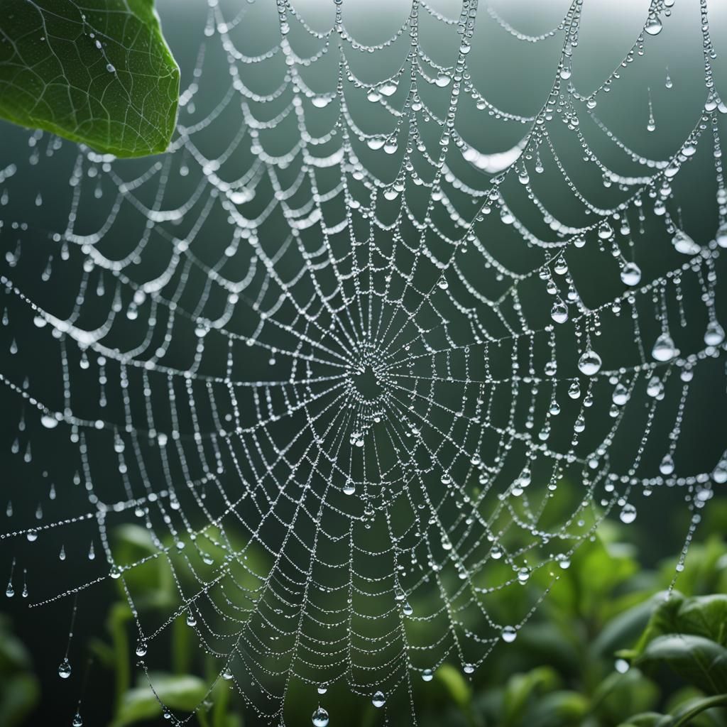 Surrealistic Spiderweb Glistening with Raindrops in Hyperrea...
