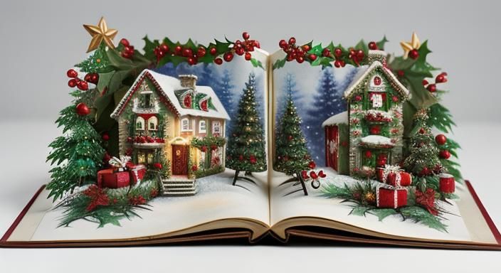 Surreal Christmas Scene with 3D Pop-Up Storybook and Holly