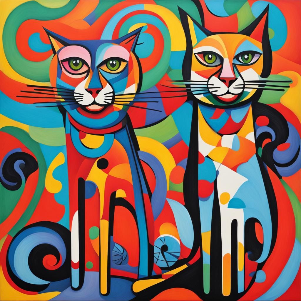 Vibrant Cubist Cats at Play in a Whimsical Wonderland