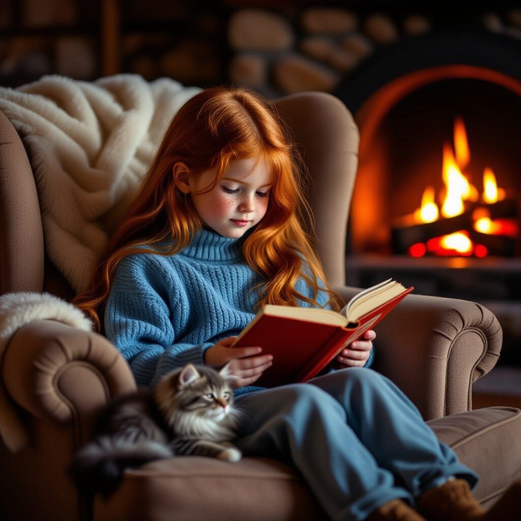 Red-Haired Girl Reads Book in Cozy Armchair with Kitten