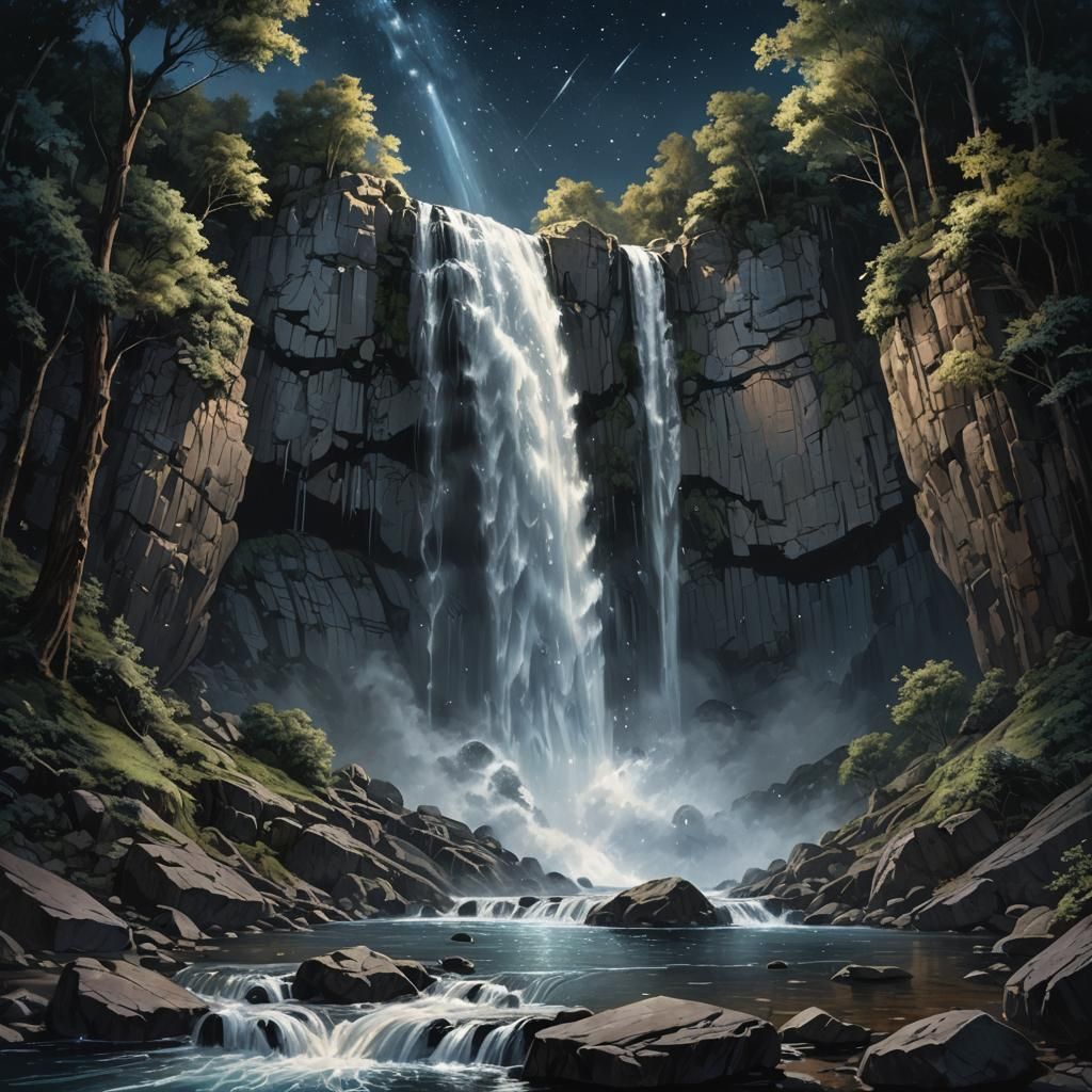 Waterfall Dances Under Silvery Moonlight in Hyperrealistic S...