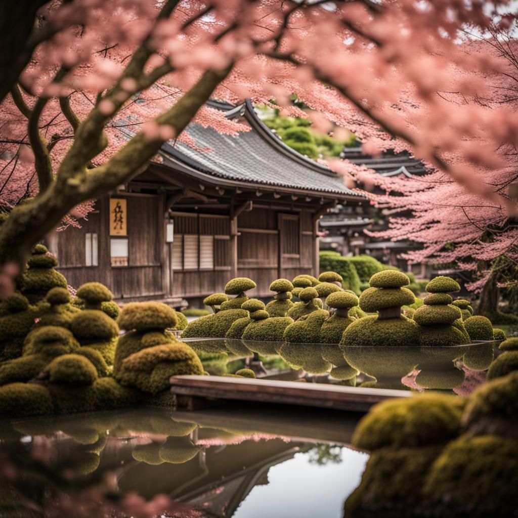 Surreal Japanese Garden Scene with Lush Mosses and Temple Re...