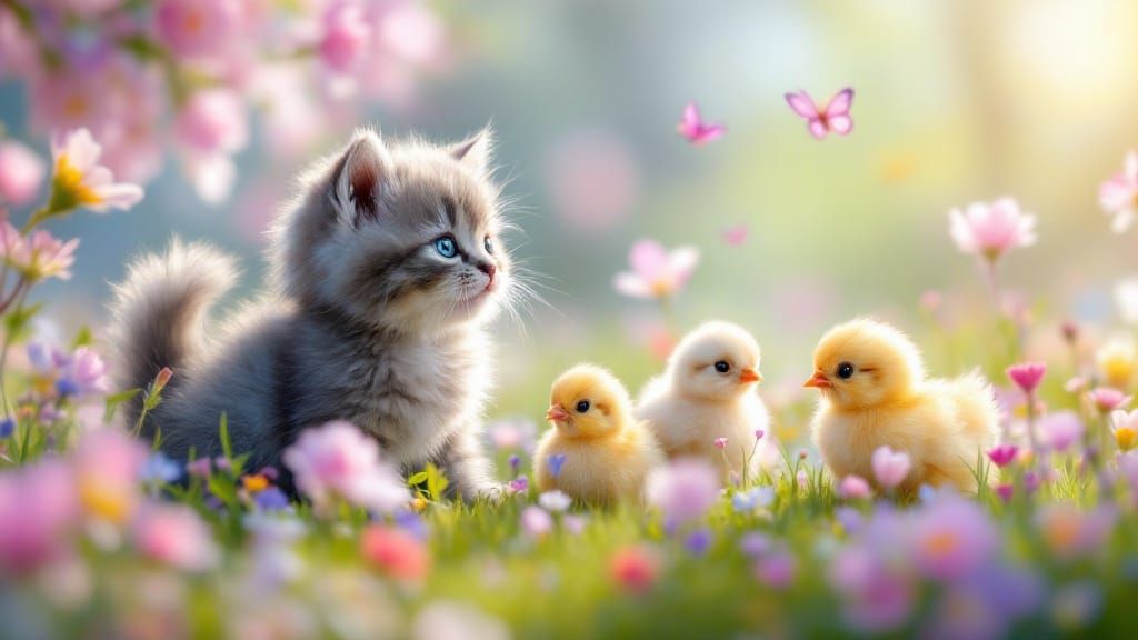 Vibrant Springtime Scene with Playful Kitten and Chickens