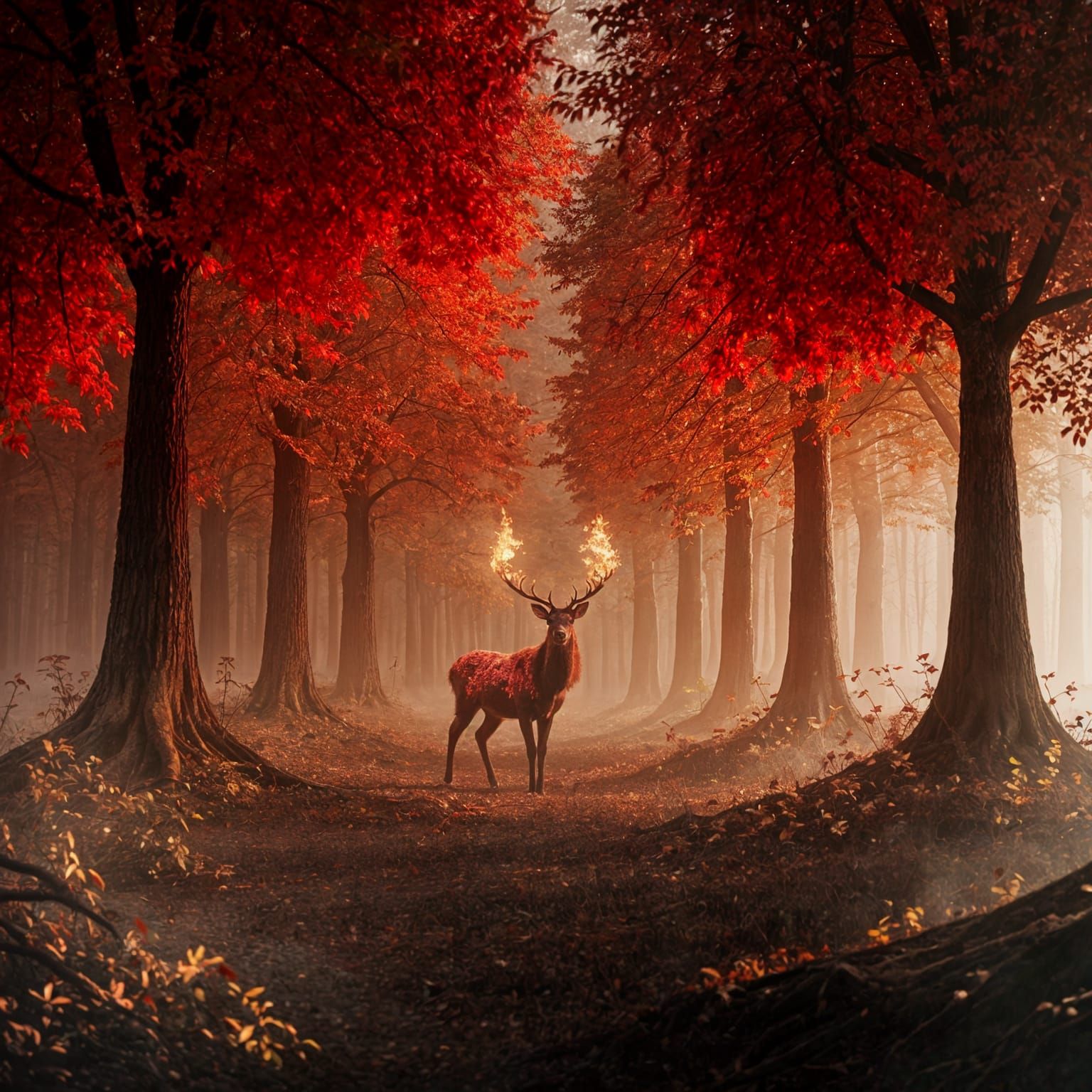 Enchanted Fire Red Forest with Fiery Deer in 3D