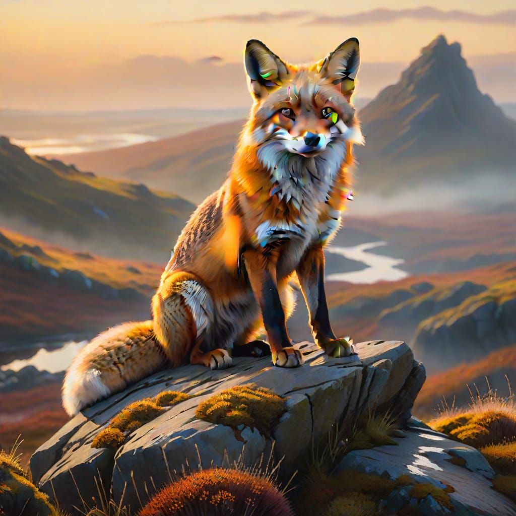 Fox Overlooking Misty Moor in Oil Painting Style