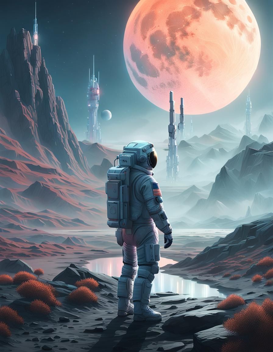 Cyberpunk Astronaut Contemplates Colossal Mech in Futuristic...