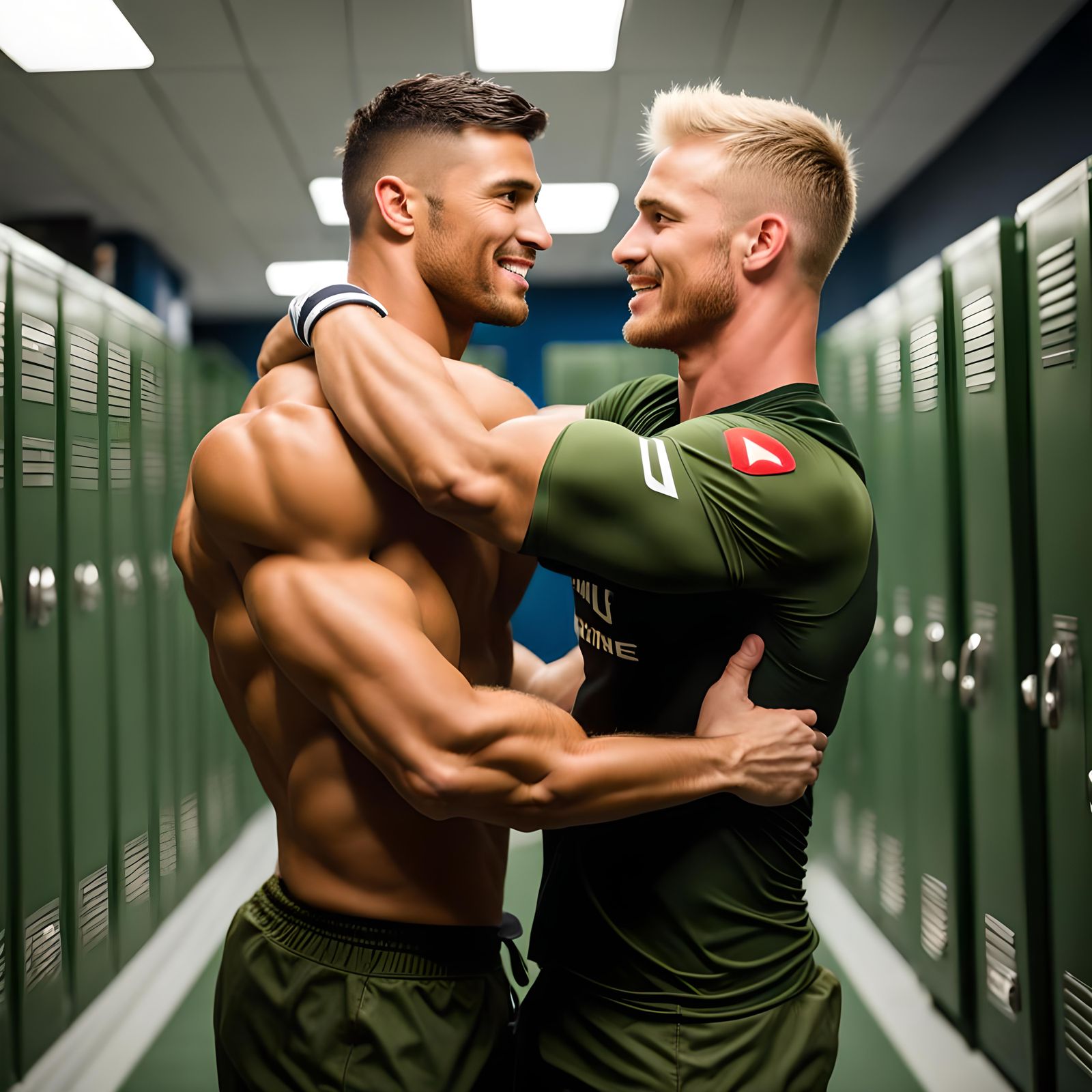 Tight-Lipped Rugby Hug in Green Locker Room