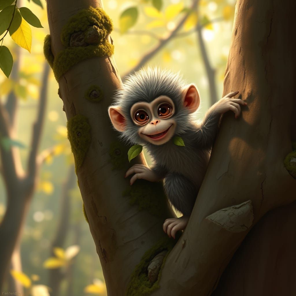 Curious Monkey Climbing Tree in Golden Light
