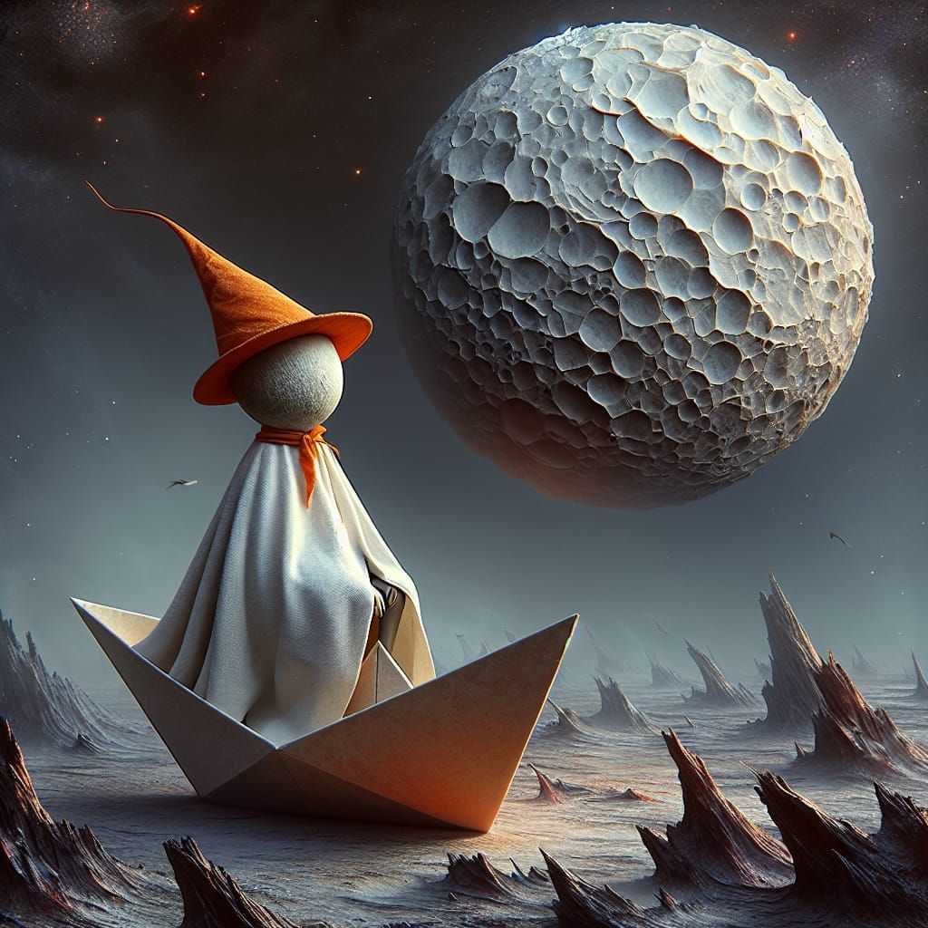 Surreal Alien in a Paper Boat Under a Moonlit Night