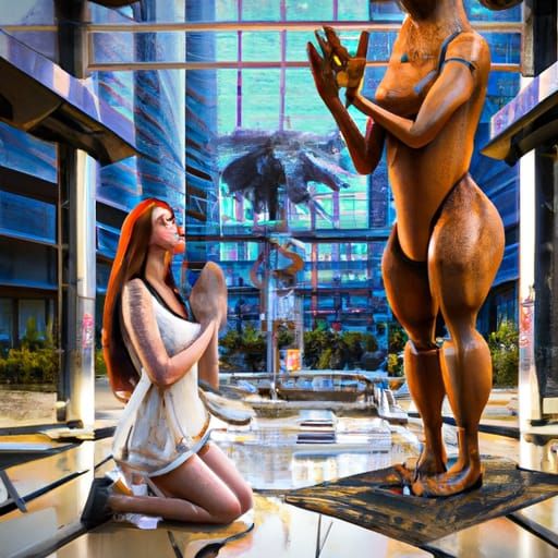 Hyperrealistic Girl Prays to Futuristic Kangaroo Statue