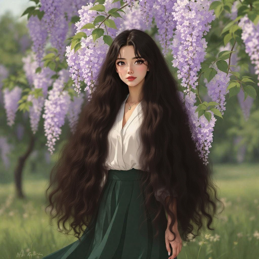 Anime Woman with Wisteria Tree in Field