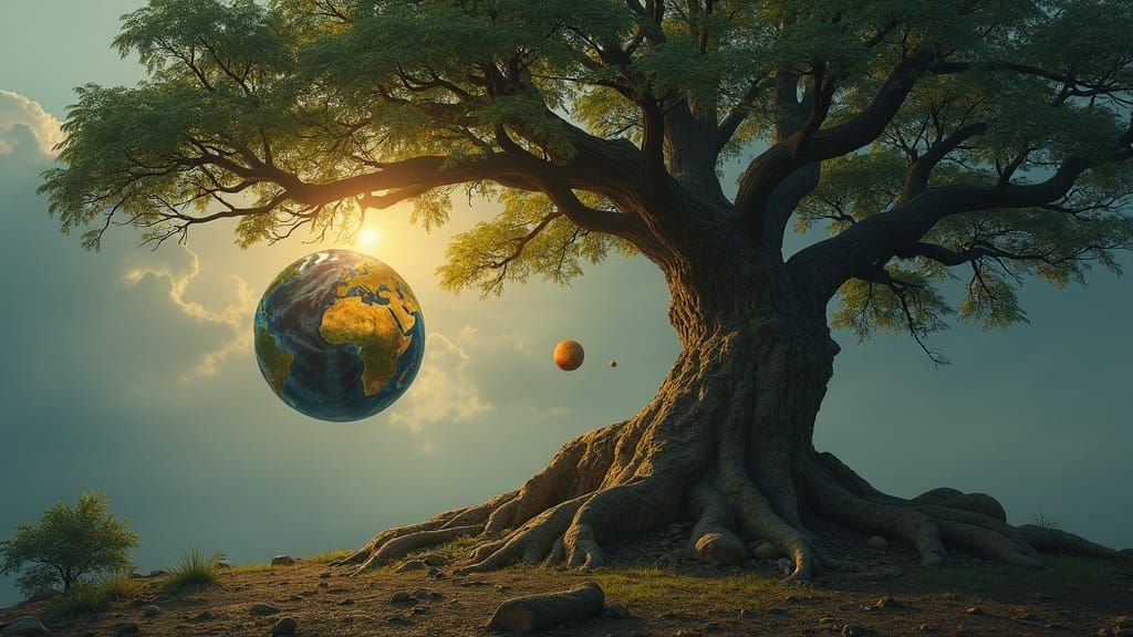 Hyperrealistic Planet Tree in a Cosmic Still Life