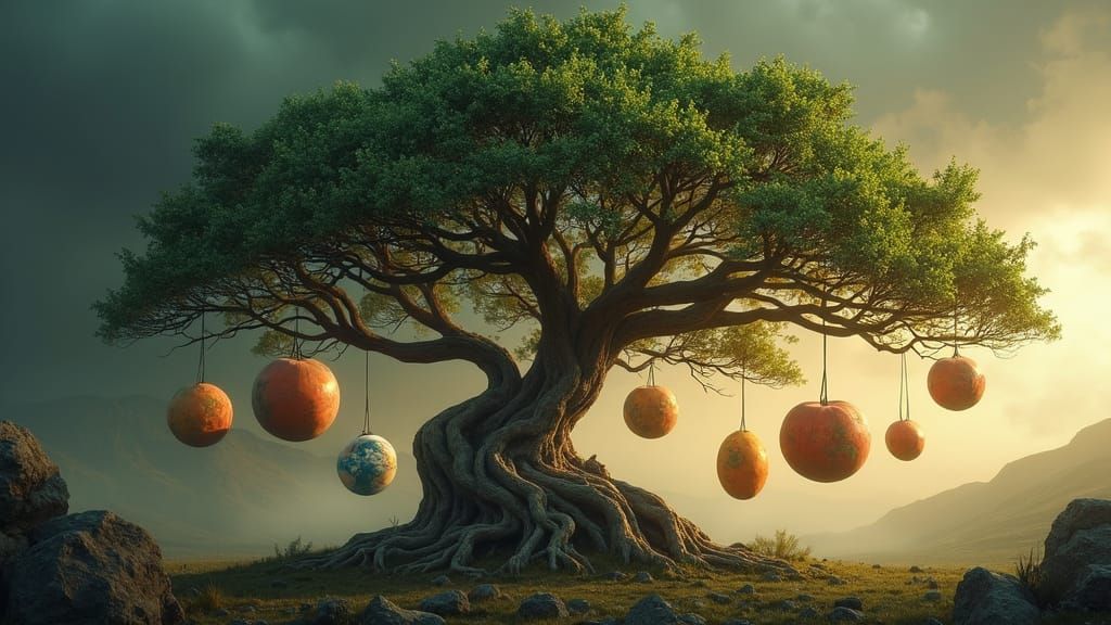 Glowing Earth Tree in Cosmic Landscape