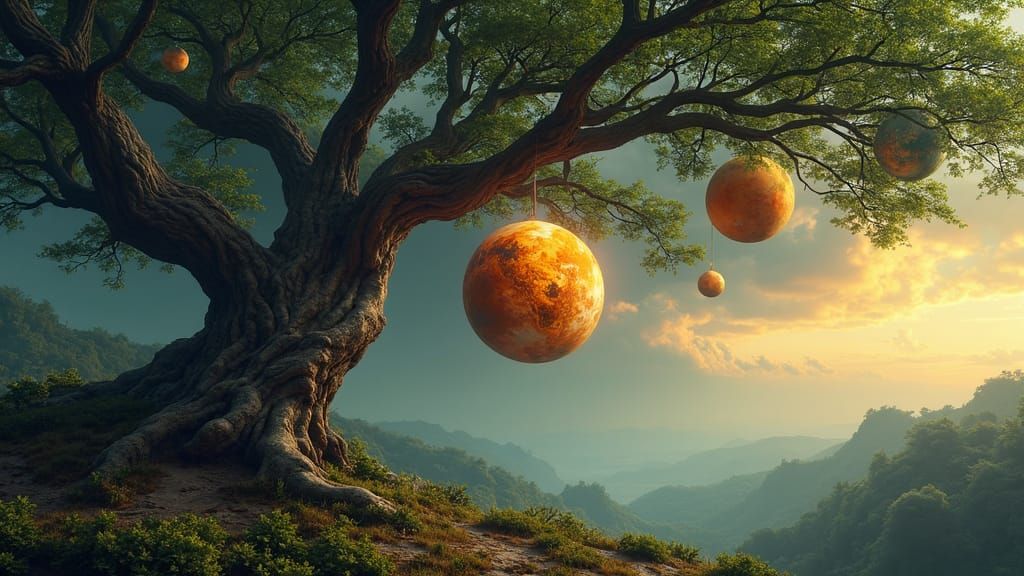 Surreal Cosmic Still Life with Planets and Tree